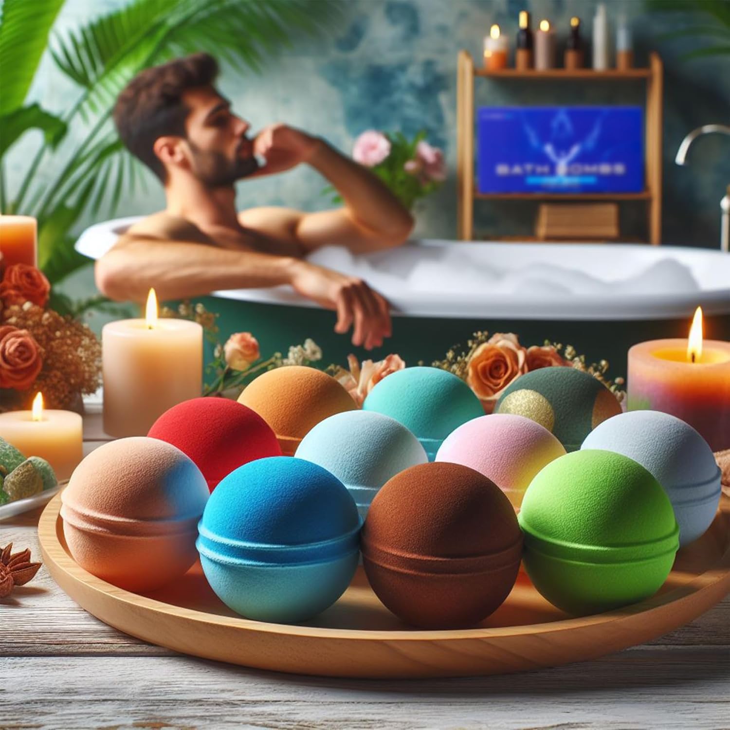Colorful bath bombs on a tray with a man relaxing in the background